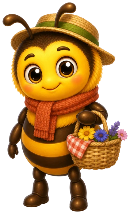 The Buzzy Jars bee with a straw hat and a basket of flowers